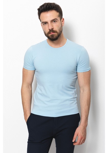 Düz Mavi Renk Super Slim Fit Bisiklet Yaka Basic Erkek T-Shirt