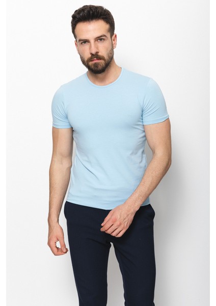 Düz Mavi Renk Super Slim Fit Bisiklet Yaka Basic Erkek T-Shirt