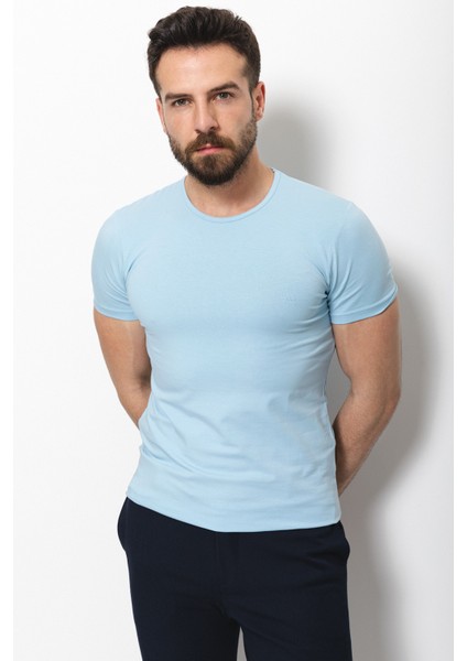 Düz Mavi Renk Super Slim Fit Bisiklet Yaka Basic Erkek T-Shirt