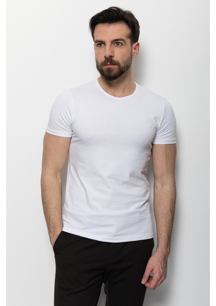 Düz Beyaz Renk Super Slim Fit Bisiklet Yaka Basic Erkek T-Shirt