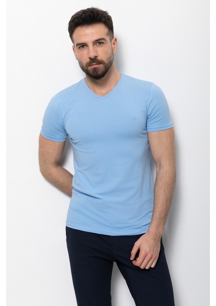 Düz Mavi Renk Super Slim Fit V Yaka Basic Erkek T-Shirt