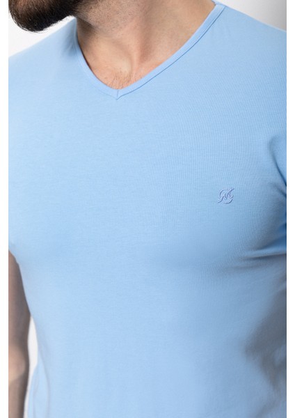 Düz Mavi Renk Super Slim Fit V Yaka Basic Erkek T-Shirt fiyatları