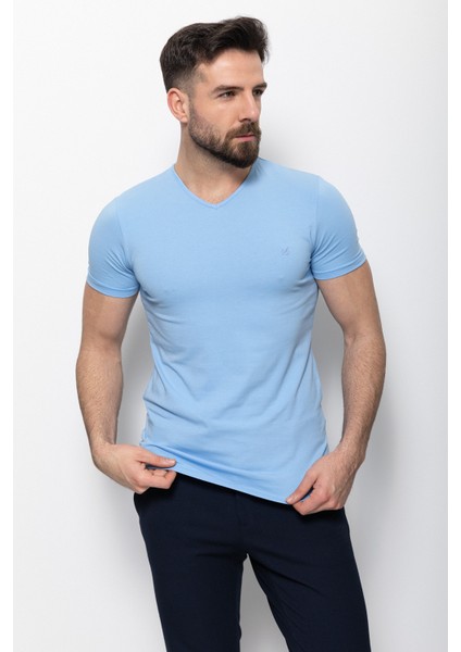Düz Mavi Renk Super Slim Fit V Yaka Basic Erkek T-Shirt modelleri