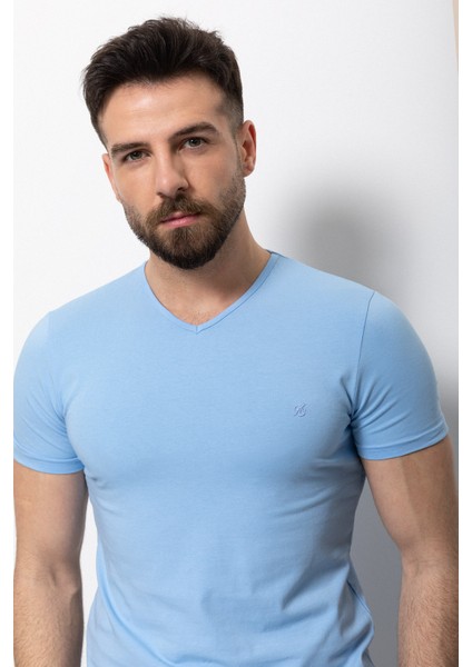 Düz Mavi Renk Super Slim Fit V Yaka Basic Erkek T-Shirt fırsatları