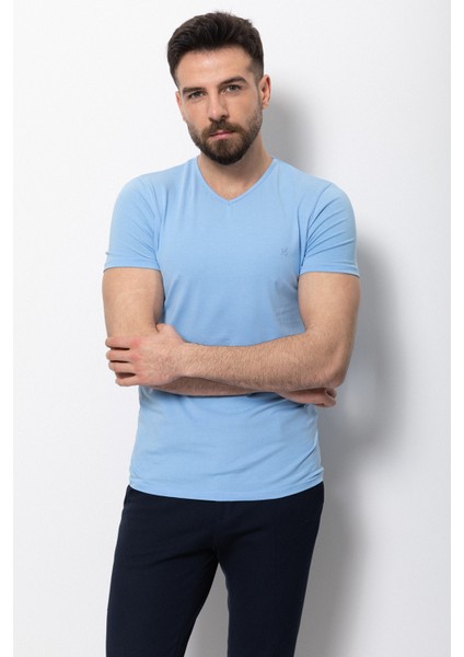 Düz Mavi Renk Super Slim Fit V Yaka Basic Erkek T-Shirt indirimleri