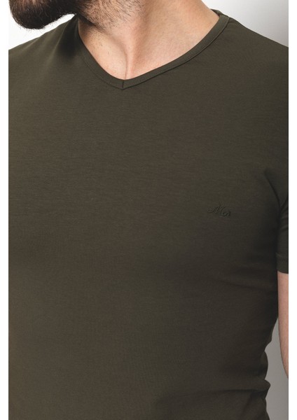 Düz Haki Rengi Super Slim Fit V Yaka Basic Erkek T-Shirt fiyatları