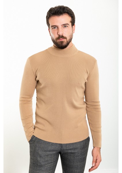 Düz Kamel Rengi Slim Fit Yarım Balıkçı Yaka Yün Erkek Triko Kazak