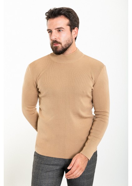 Düz Kamel Rengi Slim Fit Yarım Balıkçı Yaka Yün Erkek Triko Kazak