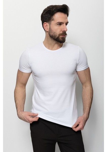 Düz Beyaz Renk Super Slim Fit Bisiklet Yaka Basic Erkek T-Shirt modelleri
