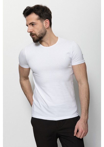 Düz Beyaz Renk Super Slim Fit Bisiklet Yaka Basic Erkek T-Shirt fırsatları