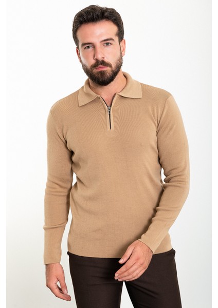 Düz Kamel Rengi Slim Fit Fermuarlı Polo Yaka Erkek Triko Kazak