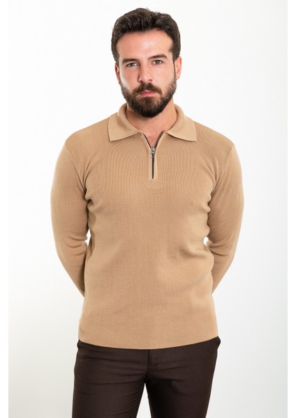 Düz Kamel Rengi Slim Fit Fermuarlı Polo Yaka Erkek Triko Kazak modelleri