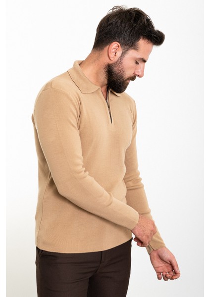 Düz Kamel Rengi Slim Fit Fermuarlı Polo Yaka Erkek Triko Kazak fırsatları