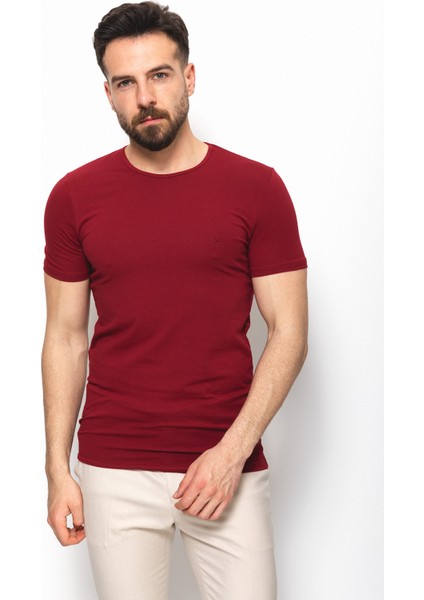 Düz Bordo Rengi Super Slim Fit Bisiklet Yaka Basic Erkek T-Shirt