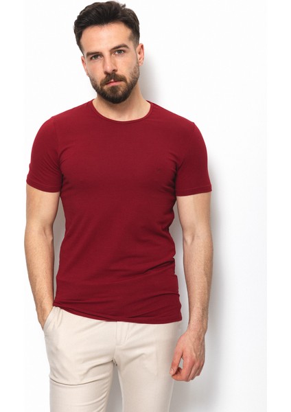 Düz Bordo Rengi Super Slim Fit Bisiklet Yaka Basic Erkek T-Shirt modelleri