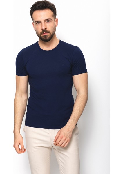 Düz Lacivert Renk Super Slim Fit Bisiklet Yaka Basic Erkek T-Shirt