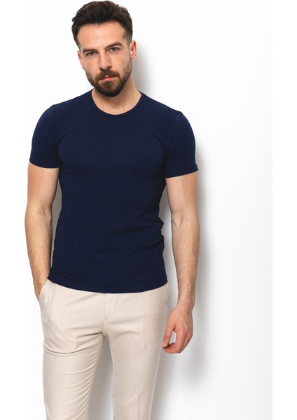 Düz Lacivert Renk Super Slim Fit Bisiklet Yaka Basic Erkek T-Shirt modelleri