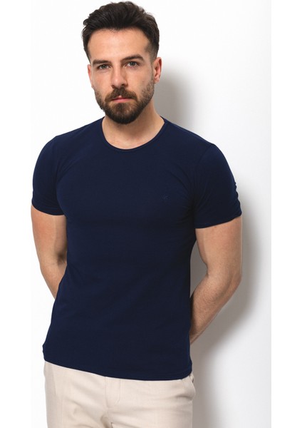 Düz Lacivert Renk Super Slim Fit Bisiklet Yaka Basic Erkek T-Shirt fırsatları