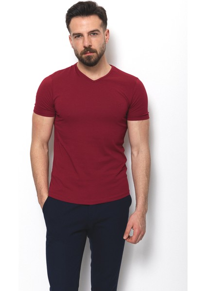 Düz Bordo Renk Super Slim Fit V Yaka Basic Erkek T-Shirt