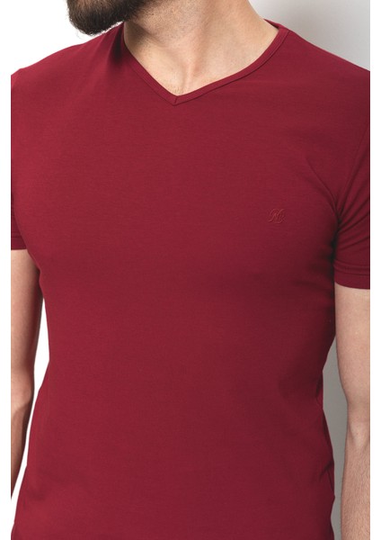 Düz Bordo Renk Super Slim Fit V Yaka Basic Erkek T-Shirt