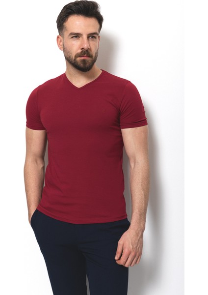 Düz Bordo Renk Super Slim Fit V Yaka Basic Erkek T-Shirt