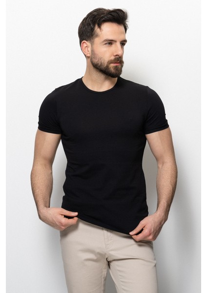 Düz Siyah Renk Super Slim Fit Bisiklet Yaka Basic Erkek T-Shirt