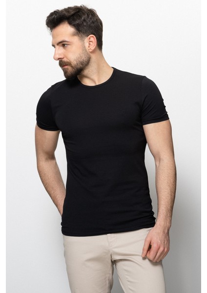 Düz Siyah Renk Super Slim Fit Bisiklet Yaka Basic Erkek T-Shirt