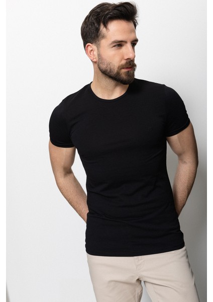 Düz Siyah Renk Super Slim Fit Bisiklet Yaka Basic Erkek T-Shirt fırsatları