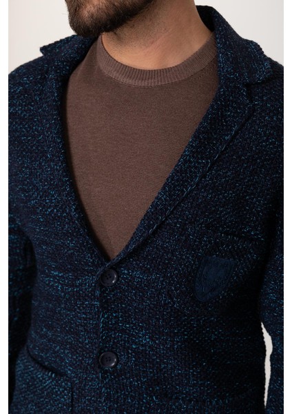 Kırçıllı Lacivert Turkuaz Slim Fit Yün Erkek Triko Ceket modelleri