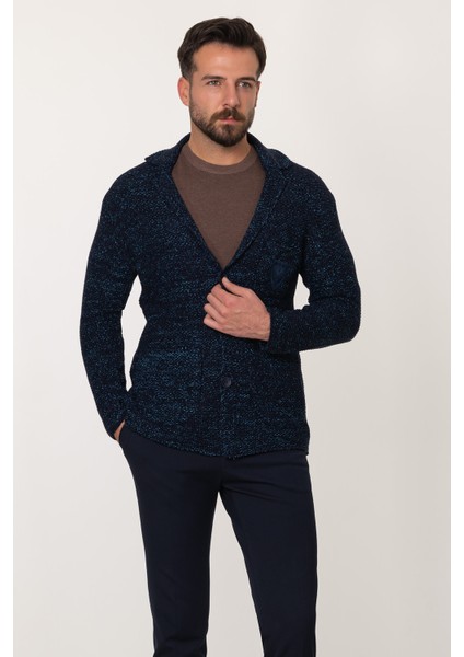Kırçıllı Lacivert Turkuaz Slim Fit Yün Erkek Triko Ceket fırsatları