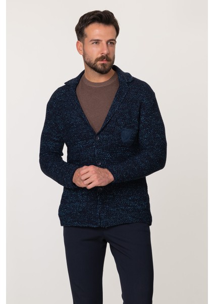 Kırçıllı Lacivert Turkuaz Slim Fit Yün Erkek Triko Ceket indirimleri