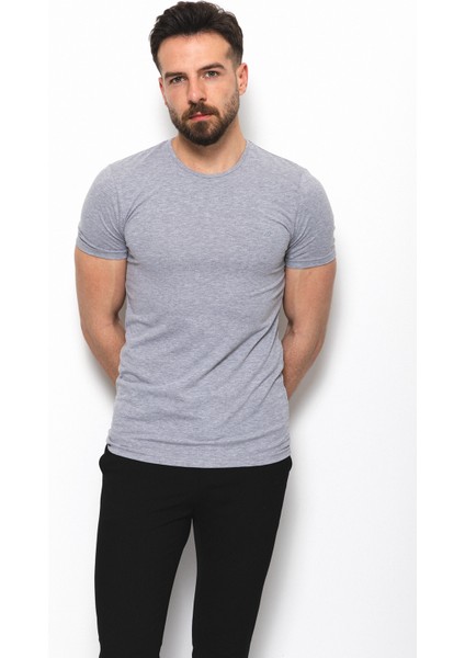 Düz Gri Renk Super Slim Fit Bisiklet Yaka Basic Erkek T-Shirt