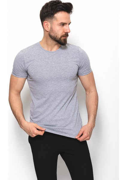 Düz Gri Renk Super Slim Fit Bisiklet Yaka Basic Erkek T-Shirt fırsatları