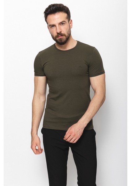 Düz Haki Rengi Super Slim Fit Bisiklet Yaka Basic Erkek T-Shirt
