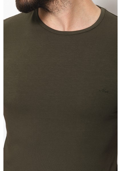 Düz Haki Rengi Super Slim Fit Bisiklet Yaka Basic Erkek T-Shirt fiyatları