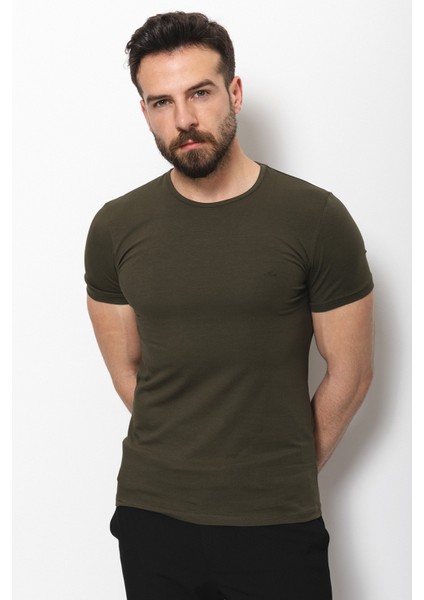 Düz Haki Rengi Super Slim Fit Bisiklet Yaka Basic Erkek T-Shirt modelleri