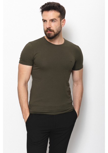 Düz Haki Rengi Super Slim Fit Bisiklet Yaka Basic Erkek T-Shirt fırsatları