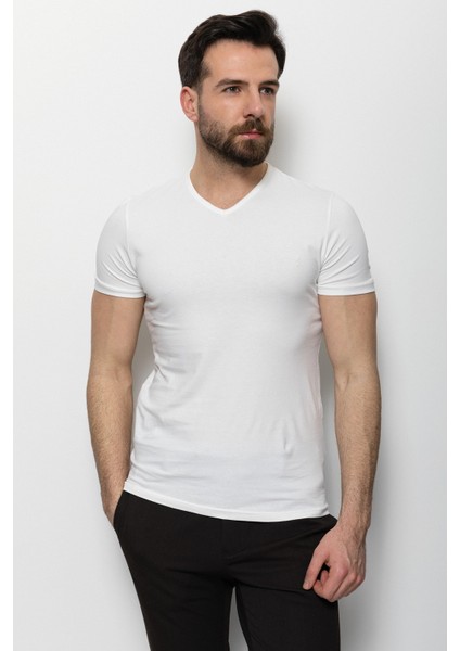 Düz Ekru Rengi Super Slim Fit V Yaka Basic Erkek T-Shirt
