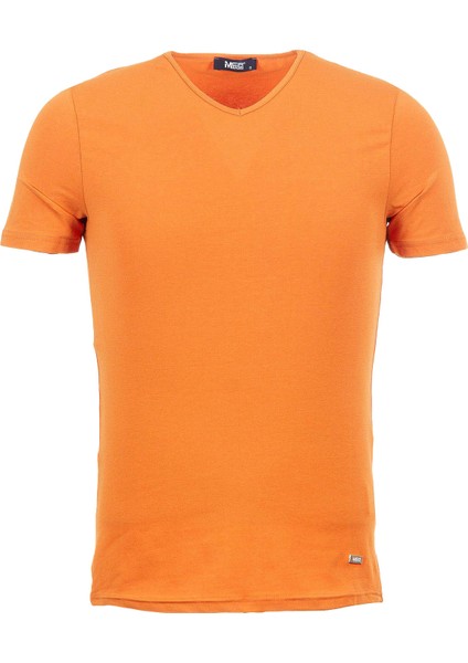 Düz Oranj Rengi Super Slim Fit V Yaka Basic Erkek T-Shirt