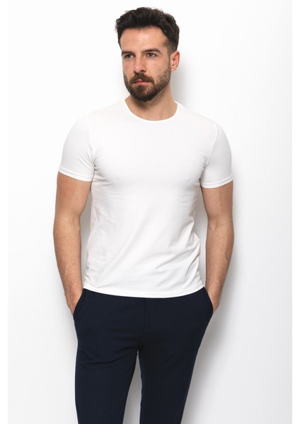 Düz Ekru Rengi Super Slim Fit Bisiklet Yaka Basic Erkek T-Shirt