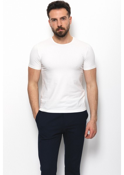 Düz Ekru Rengi Super Slim Fit Bisiklet Yaka Basic Erkek T-Shirt modelleri