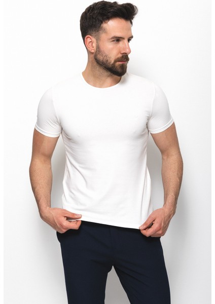 Düz Ekru Rengi Super Slim Fit Bisiklet Yaka Basic Erkek T-Shirt fırsatları