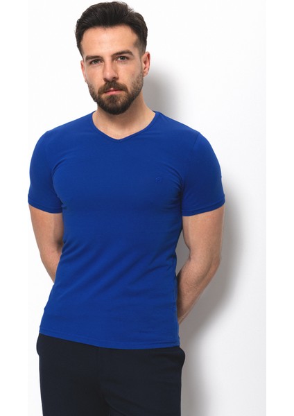 Düz Saks Rengi Super Slim Fit V Yaka Basic Erkek T-Shirt