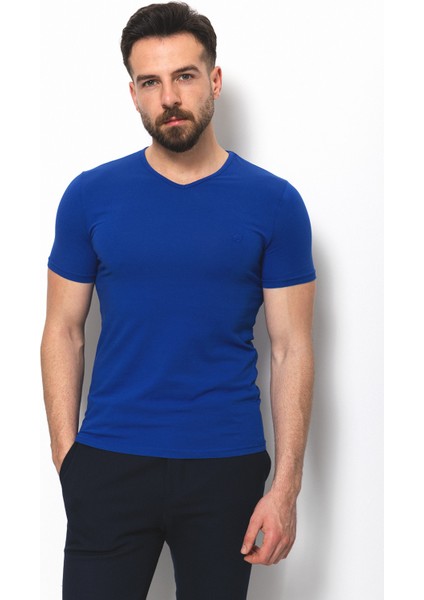 Düz Saks Rengi Super Slim Fit V Yaka Basic Erkek T-Shirt