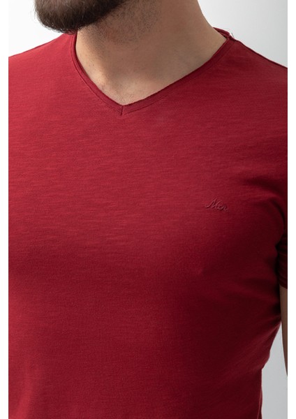 Desenli Bordo Rengi Slim Fit V Yaka Basic Erkek T-Shirt fiyatları