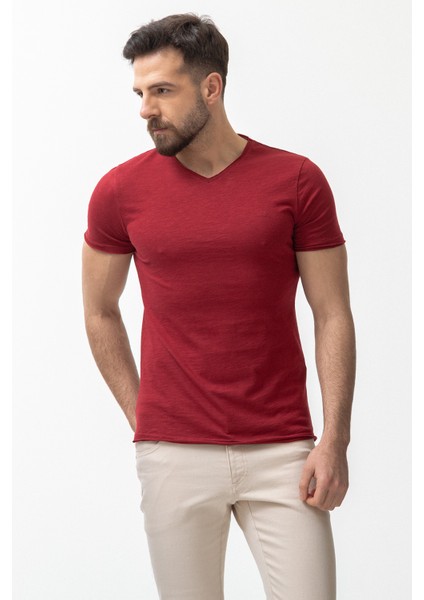 Desenli Bordo Rengi Slim Fit V Yaka Basic Erkek T-Shirt modelleri