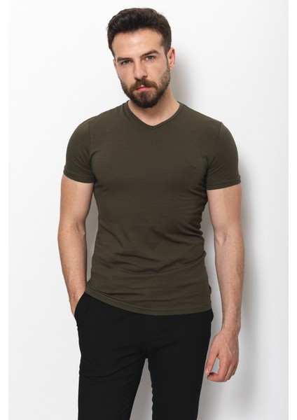 Düz Haki Rengi Super Slim Fit V Yaka Basic Erkek T-Shirt