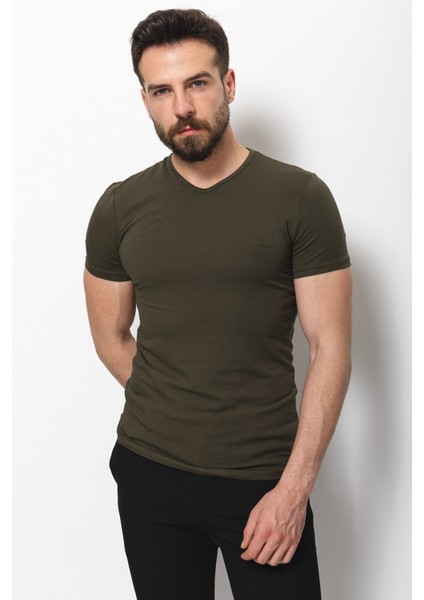 Düz Haki Rengi Super Slim Fit V Yaka Basic Erkek T-Shirt