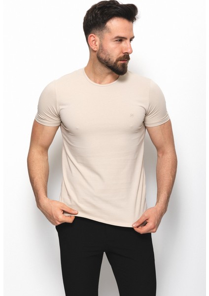 Düz Taş Rengi Super Slim Fit Bisiklet Yaka Basic Erkek T-Shirt
