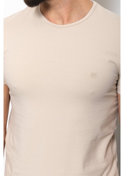 Düz Taş Rengi Super Slim Fit Bisiklet Yaka Basic Erkek T-Shirt fiyatları